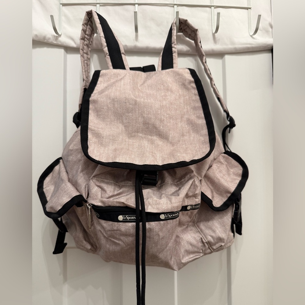 LeSportsac Beige Backpack with Black Straps and side pockets